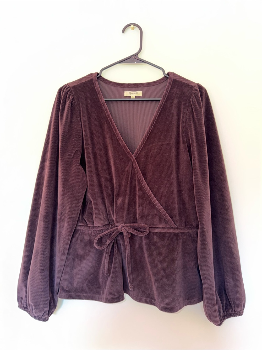 Madewell Deep Plum Wrap Velvet Blouse w/ Bow
